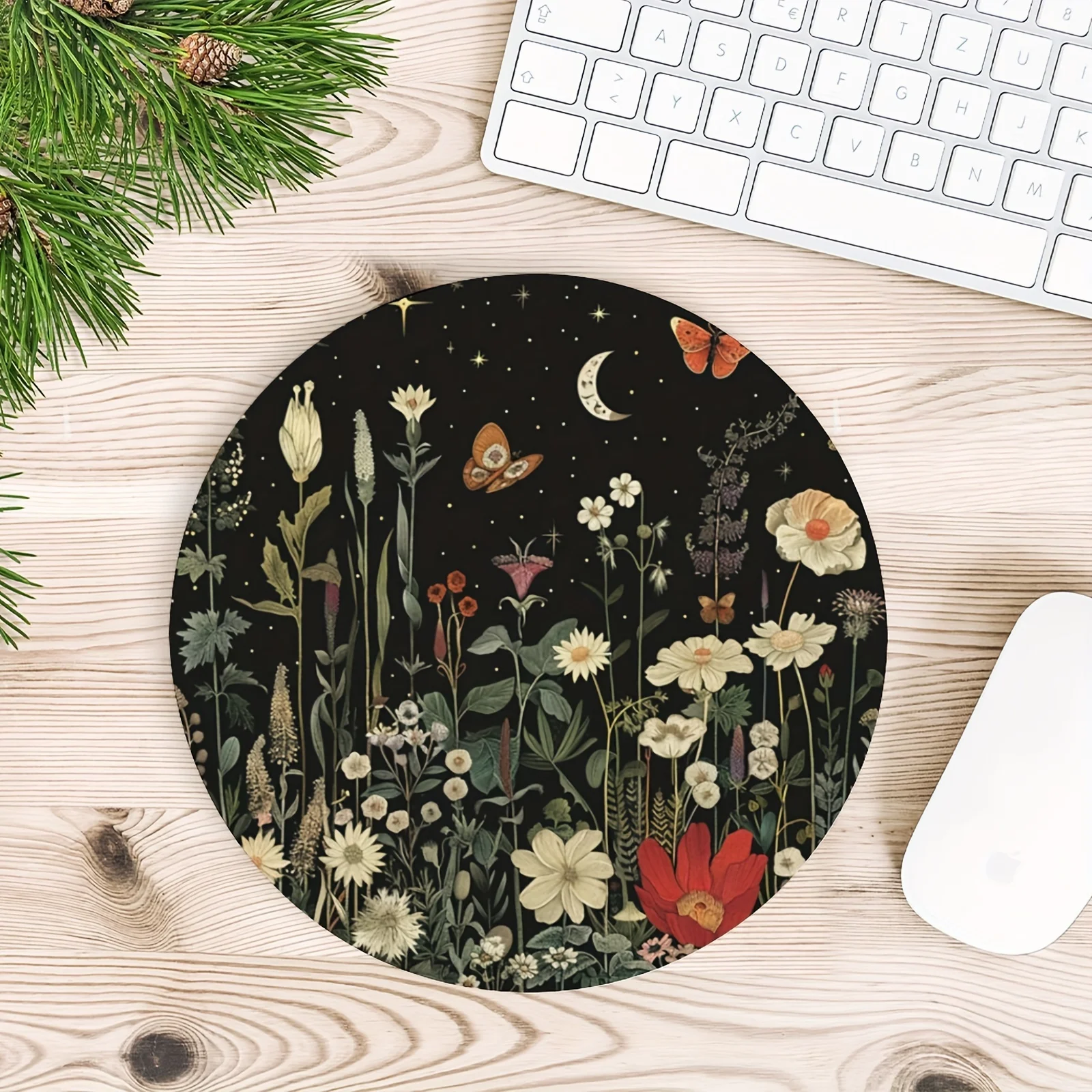 

Round Mouse Pad Nocturnal Meadow Floral and Celestial Decorative Small Desk Accessory with Starry Night and Botanical Print