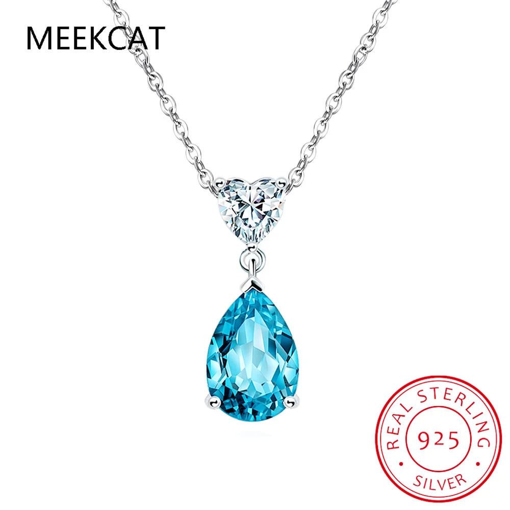 Collar con colgante de gota de agua de Plata de Ley 925 con topacio azul Natural auténtico con corte de pera para mujer, gargantilla de joyería fina con piedras preciosas de corazón