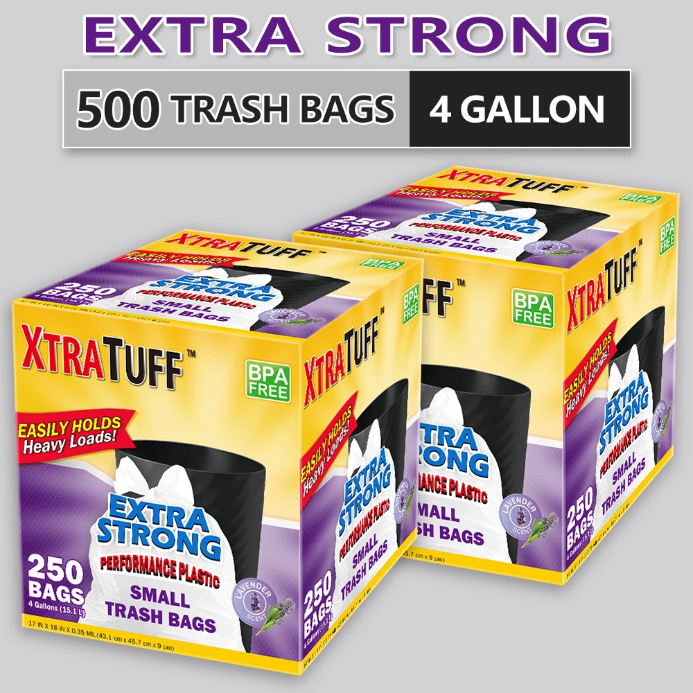 

Xtratuff Basics Trash Bags 4 Gallon Flap Ties Small Garbage Bags White BPA FREE Trash Bag Box Lavender Scent 500 Count Strong