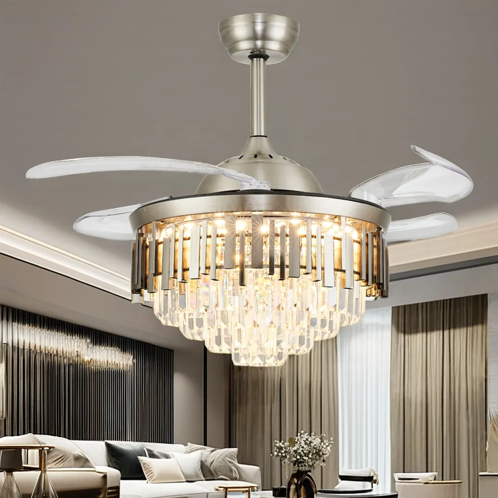 Nordic Modern 42 Inch Led Ceiling Fan With Light  Crystal Decorative Retractable Chandelier Fan Light