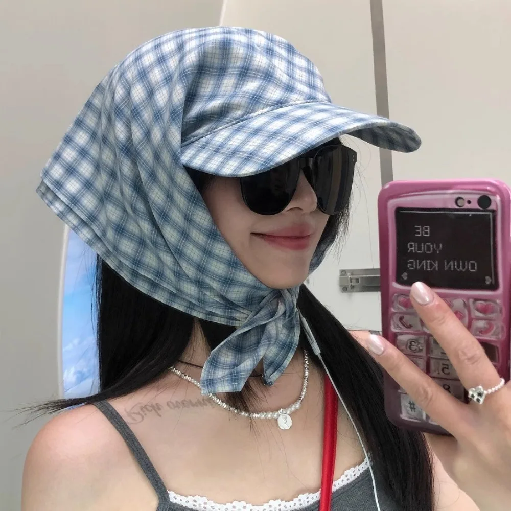 

Rural Style Headscarf Baseball Hat Plaid Sunscreen Triangle Headscarf Hat Sun Cap Scarf Peaked Cap Strappy Bandana Cap Street