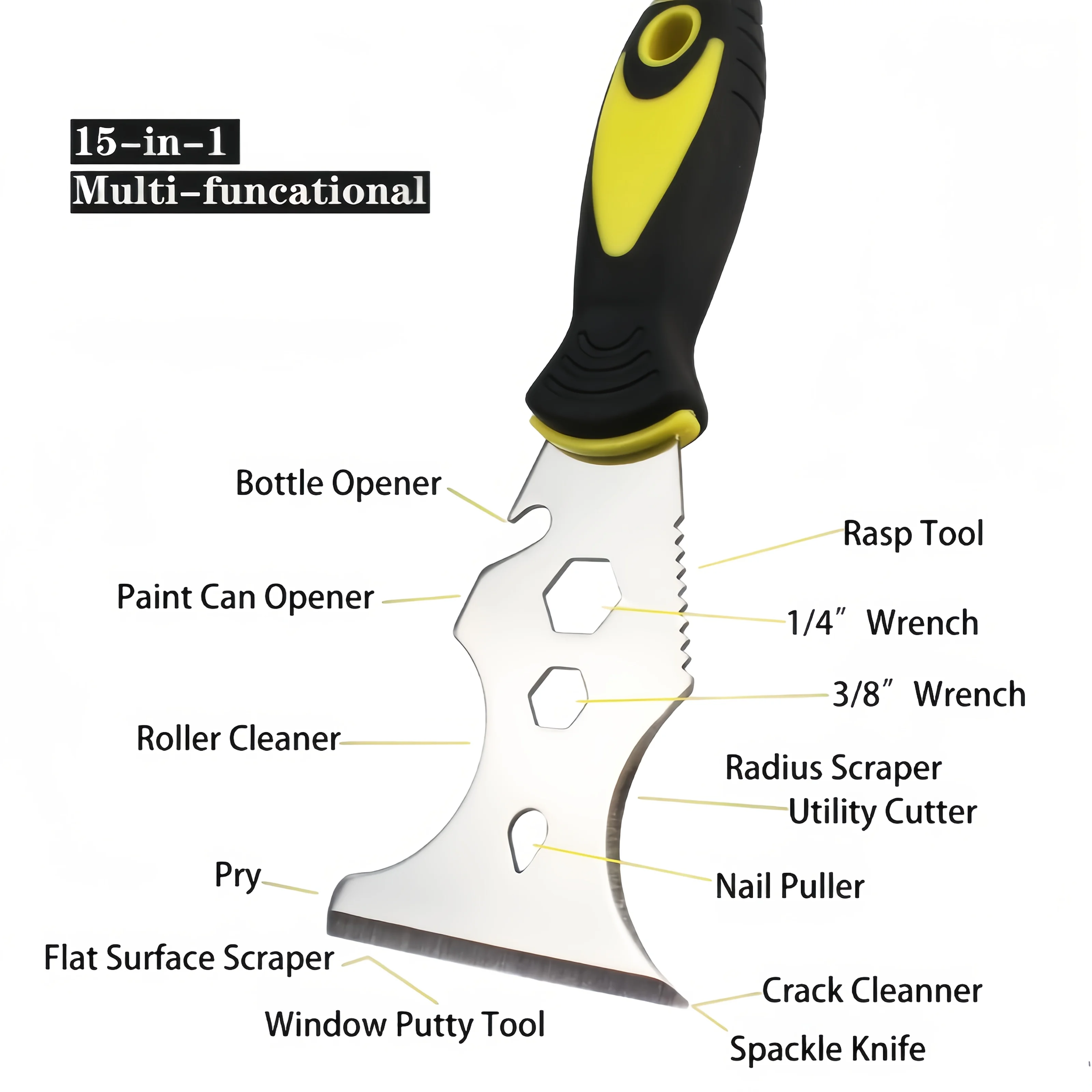1 multi-functional paint scraper, a stainless steel cleaning shovel blade for floors, a 3-inch thick putty scraper, and a must-h
