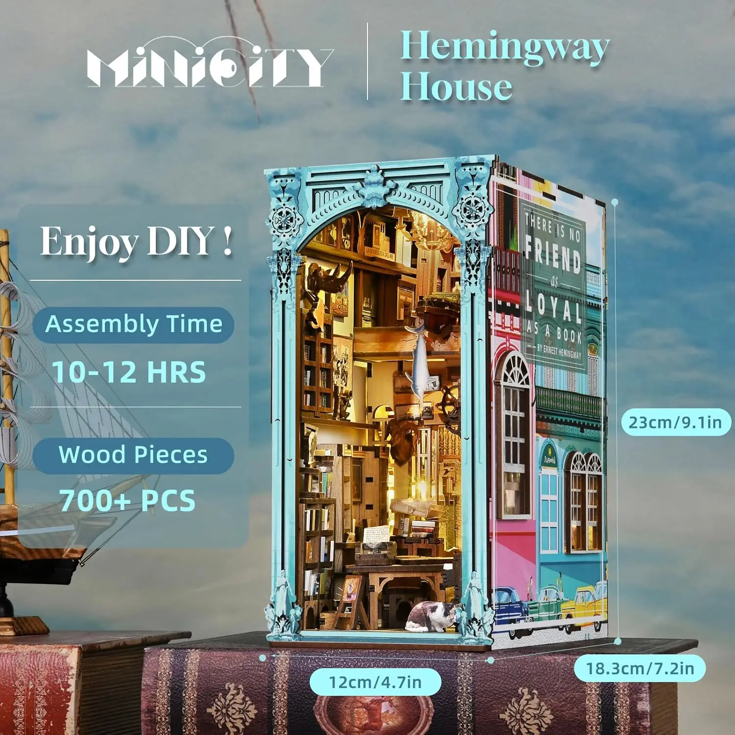 Hemingway House Book Nook Kit, 3D Wooden Bookshelf Puzzle with LED | Create Hemingway's study for display; LED, dust cover, glue