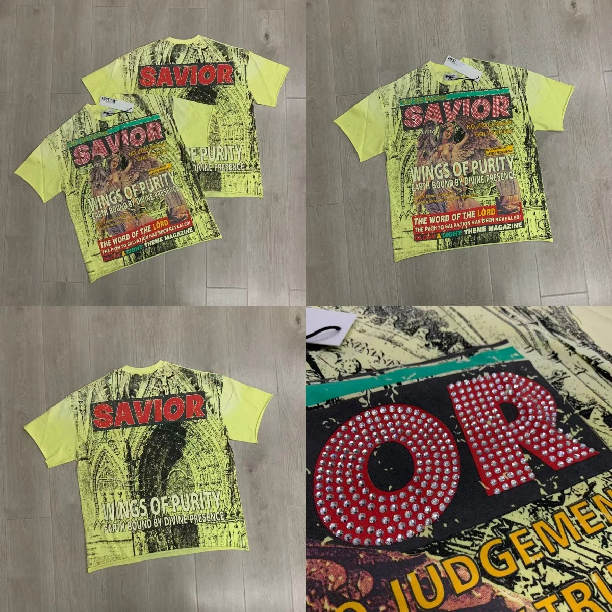 Summer Vintage Rhinestone Tee Men FIRST ROW SAVIOR Angel Print T-shirt Retro Streetwear Loose Crew Neck Casual Shirts Unisex