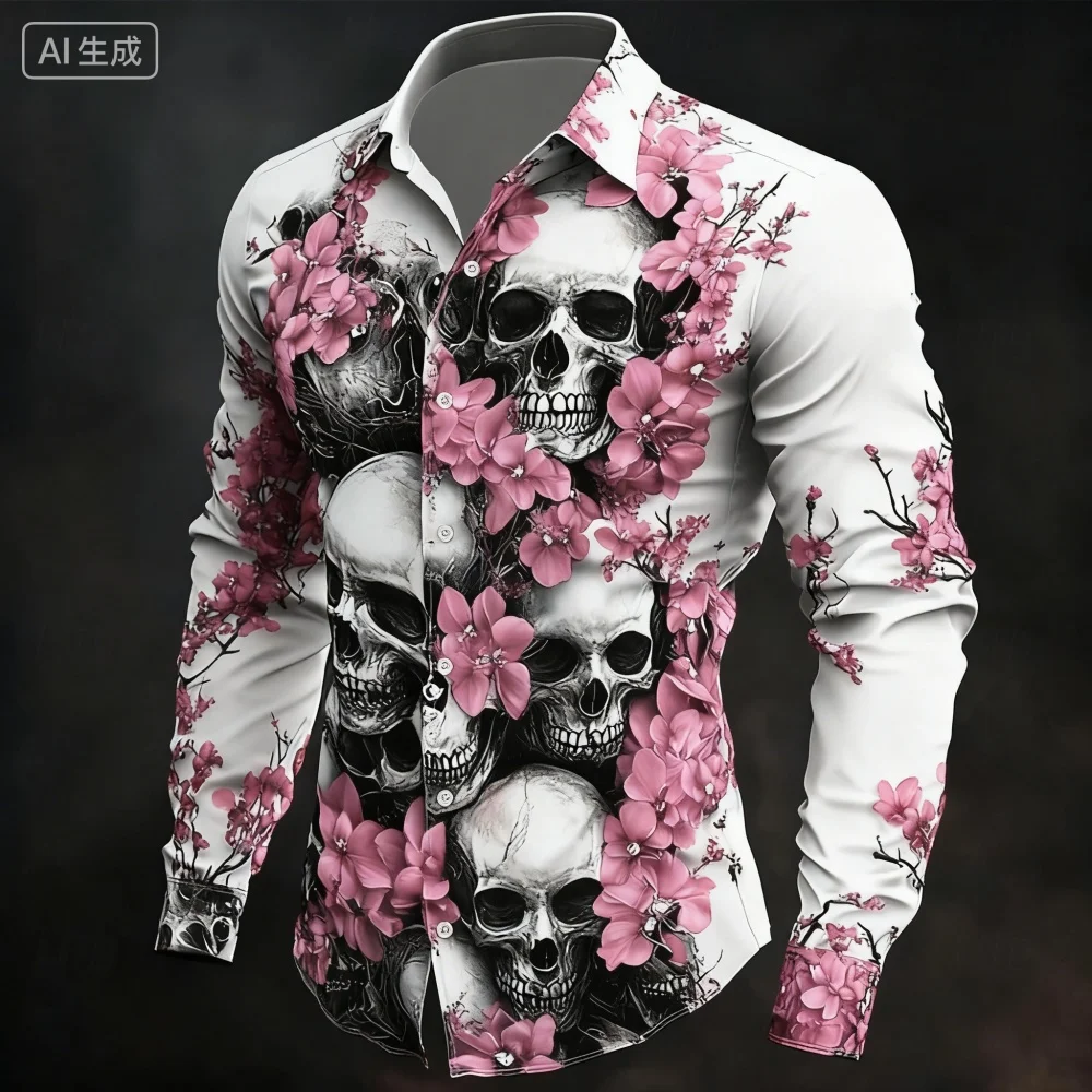 Men's Classic Skull 3D Printed Halloween Shirt Long Sleeved Lapel Comfortable Holiday Party Clothing 11 Colors to Choose from