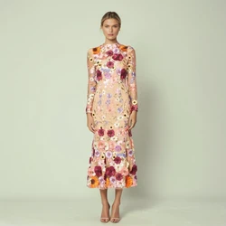 Embroidery Hit Color Dresses For Women O Neck Long Sleeve Slimming High Waist Patchwork Flower Bodycon Dress Female New