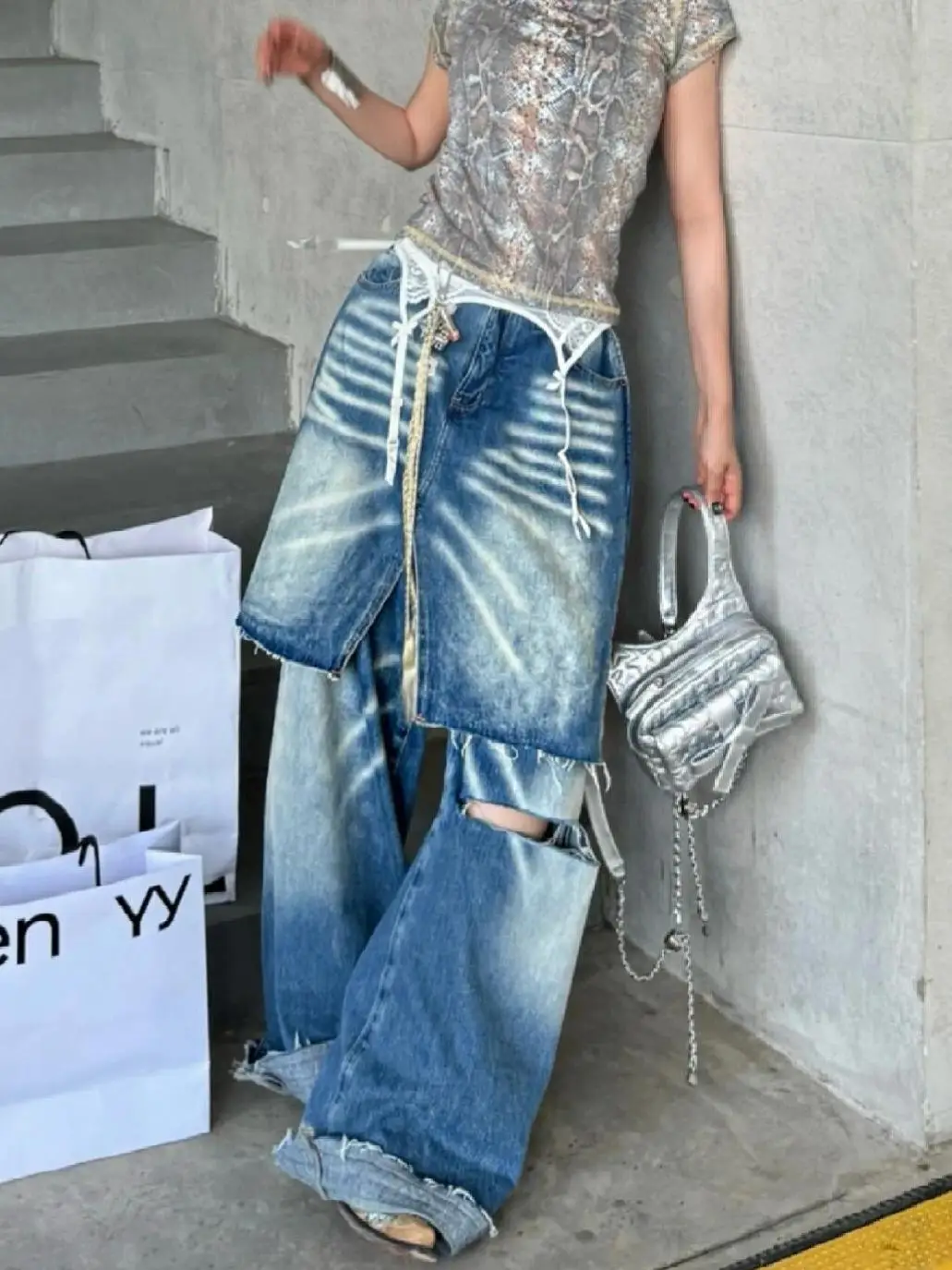 

Summer American High Street Style Heavy Distressed Jeans for Women Thin Fabric Y2K Faux Two Piece Design Sexy Floor Length Pants