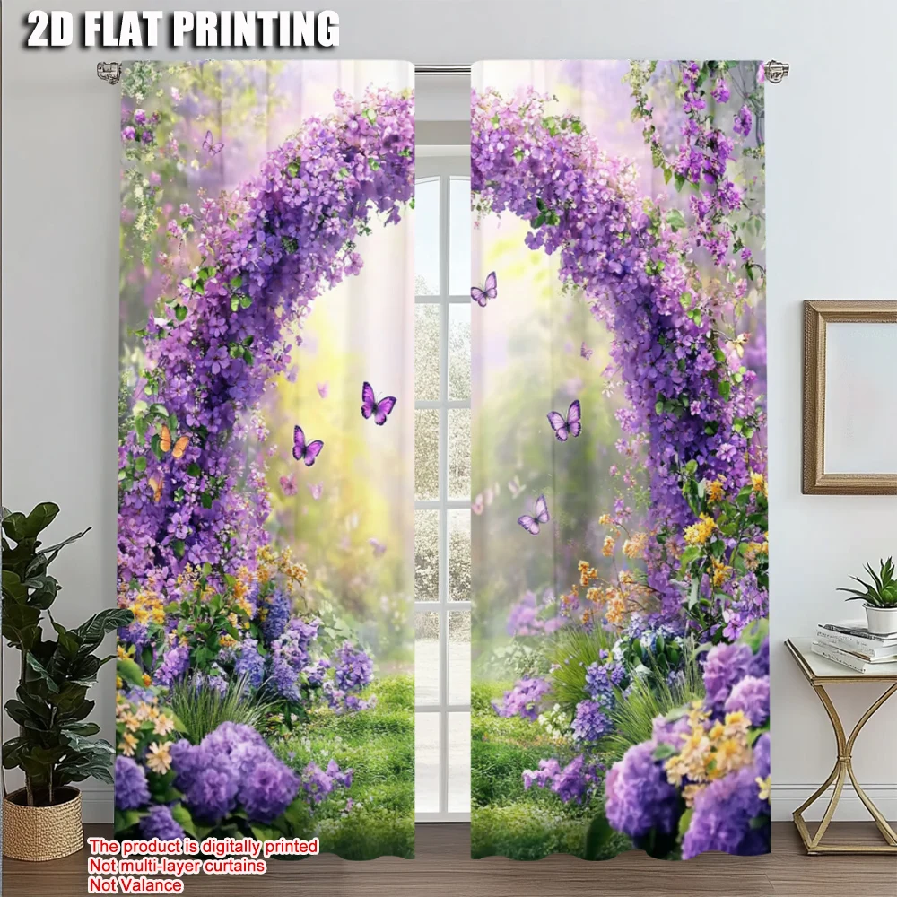 

2pcs, Popular Curtains 2D print Vibrant Purple Flowers & Butterfly Versatile Durable Polyester (without rod) Decorations