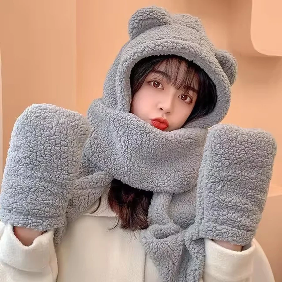 Women\'s Gray Hooded Scarf Cute Bear Ear Hat Faux Fur Gloves Set Soft Amazon.com: RainFlowwer Beige Hooded Scarf for Women Winter  main image 4