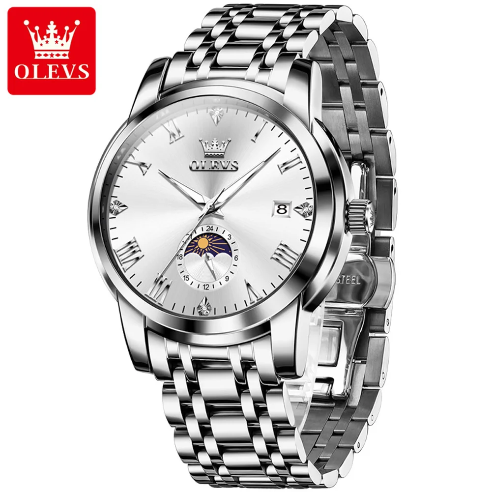 OLEVS 3656 Luxury Brand Men’s Wristwatch Roman Scale Luminous Waterproof Business Dress Classic Moon Phase Quartz Watch for Man