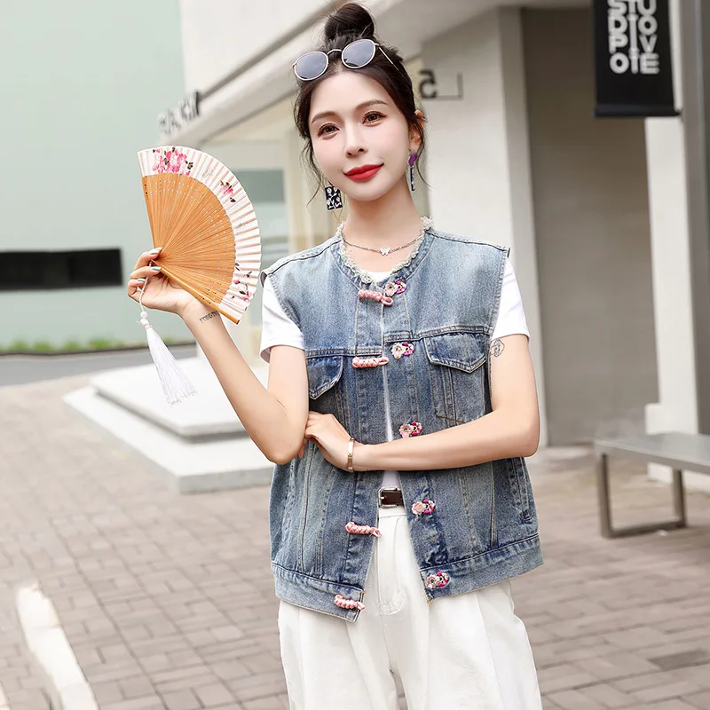 Women's Denim Vest Coat Women Sleeveless Jacket Spring Autumn Round Neck Female Jean Waistcoat Top Outerwear Ladies