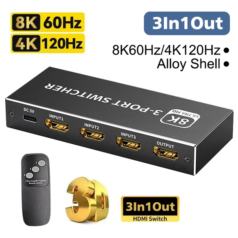 

3-портовый HDMI-совместимый переключатель 2.1 3x1 8K 60 Гц Переключатель-концентратор 3 в 1 с ИК-пультом дистанционного управления HDR 4K 120 Гц для Xbox PS4 PC TV