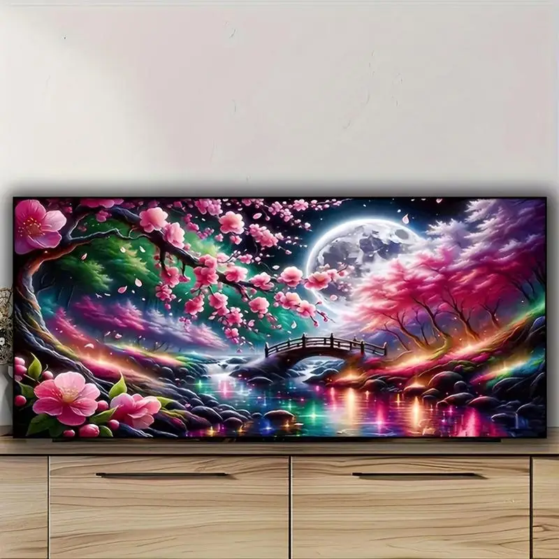 Großes 1-teiliges 100x40cm Mond-Baum-Blumen DIY Diamant-Malerei Kreuzstich-Set, Vollrunde Diamant-Mosaik-Kunst