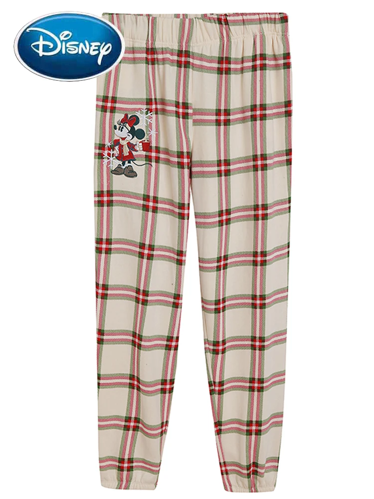 

Disney Minnie Mouse Cartoon Print Embroidery Plaid Long Pants Women Vintage Streetwear Jogging Home Casual Sports Trousers Femme