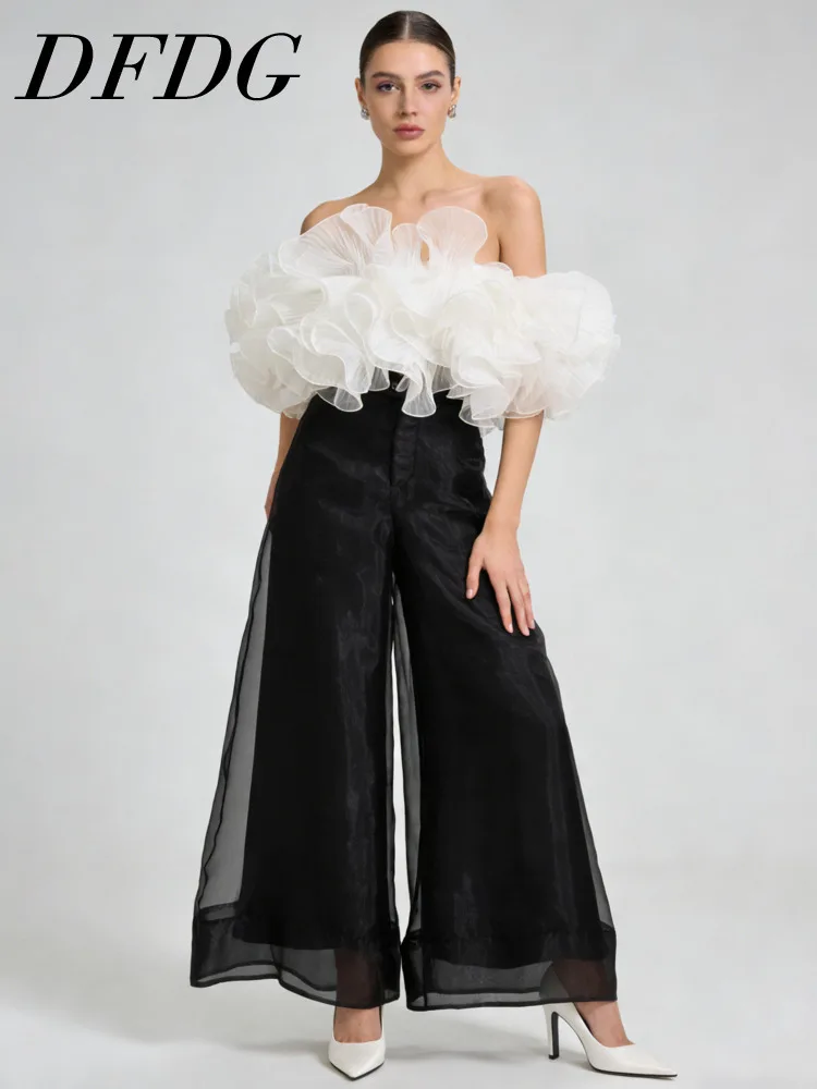 

DFDG Women's Spring Summer 3D Organza Off Shoulder Crop Top Sheer Wide Leg Pants Set Formal 2026 Trendy Feminine Fashion Set