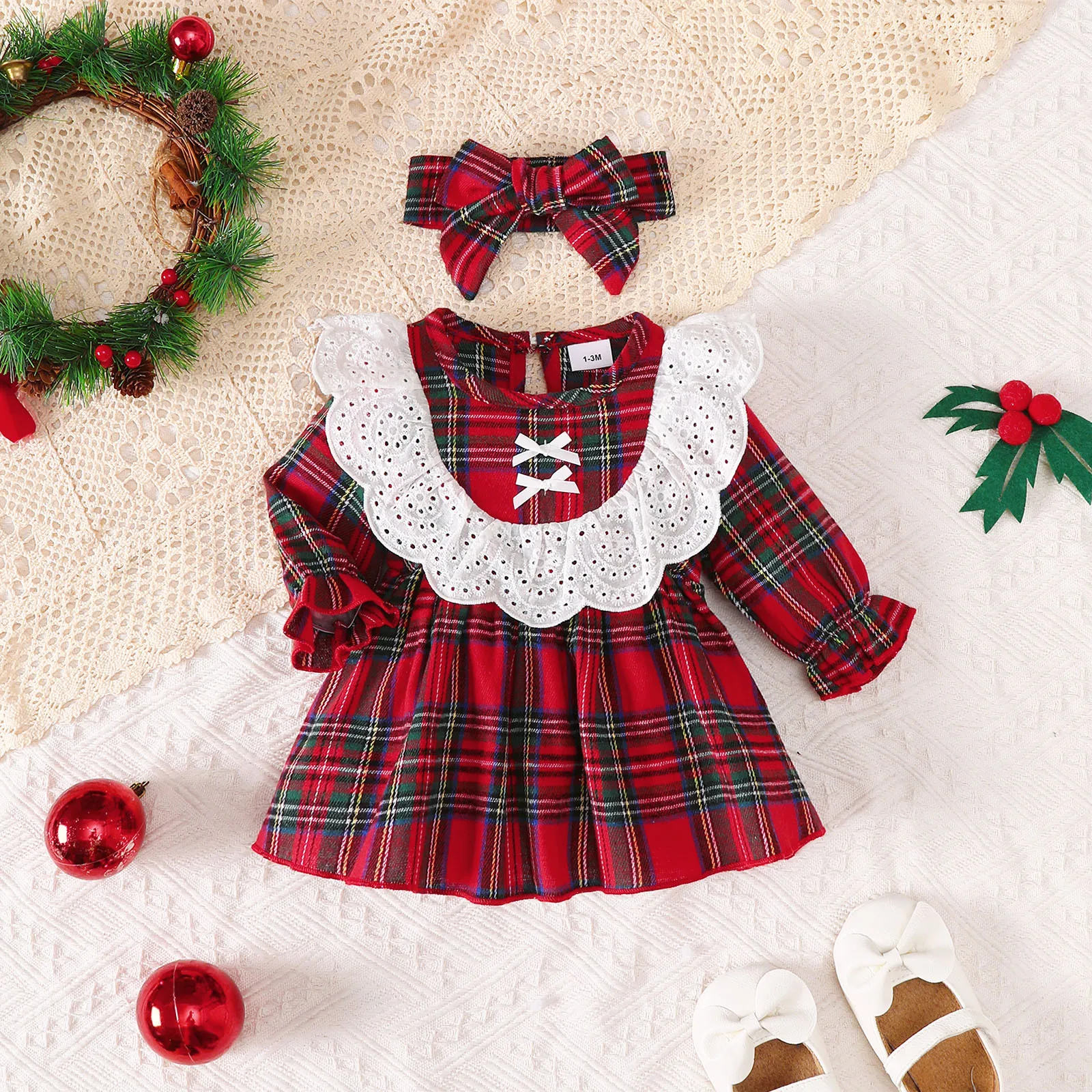 Baby Girl Christmas Dress Ruffled Plaid Long Sleeved Dress and Bow Headband Suitable 0-18 Months Baby Girl Christmas Holiday Set