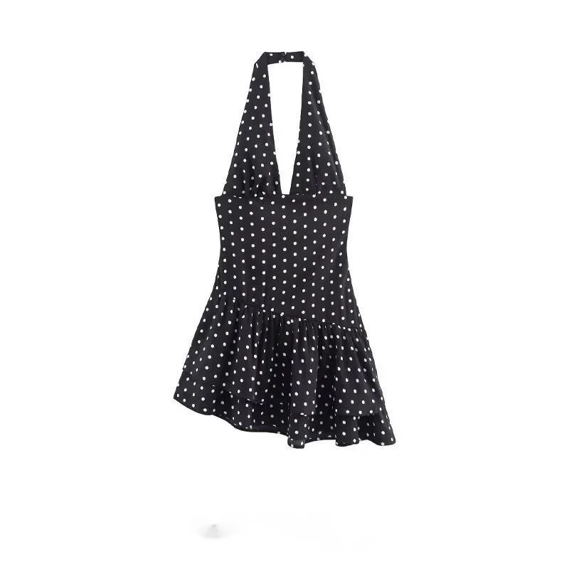 Mulheres halter pescoço polka dot vestido moda elegante em camadas plissado midi vestido de verão elegante roupa casual versátil verão festa wear