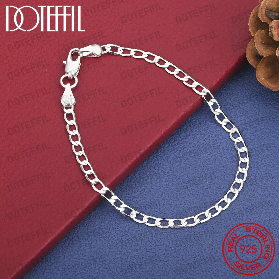 925 Sterling Silver 8-inch 4mm Simple Cuban Bracelet for Men and Women, Fashionable Party Gift Accessories