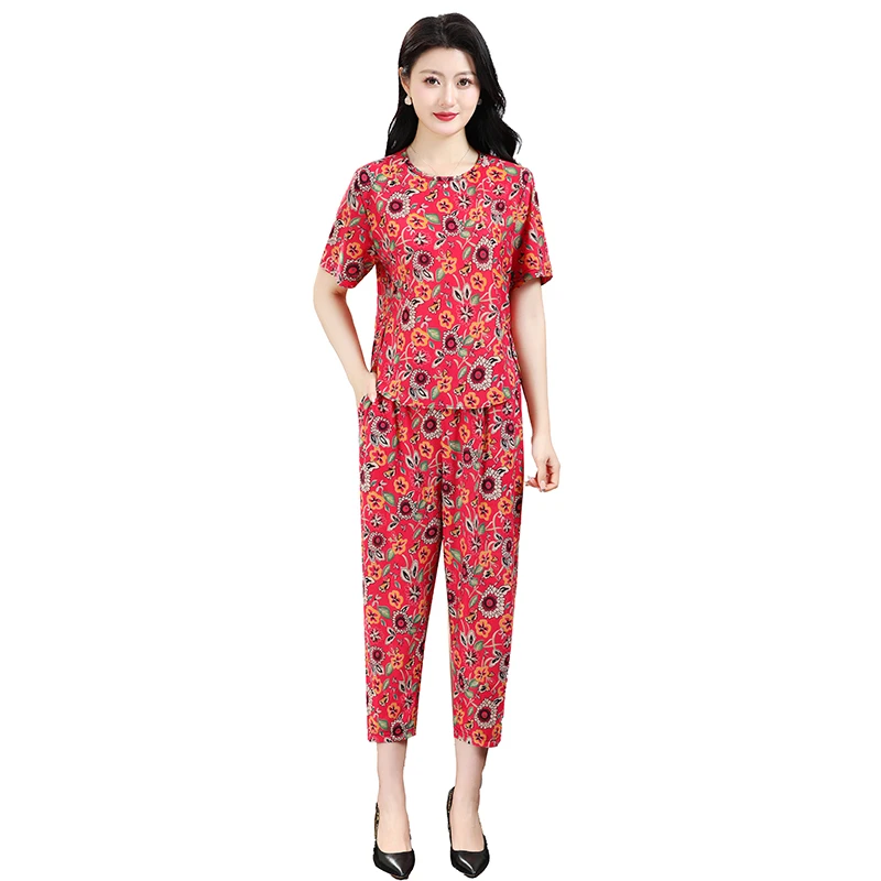 Summer Milk silk short-sleeved suit middle-aged women print tops +pants suit grandmother loose 2 pieces suits