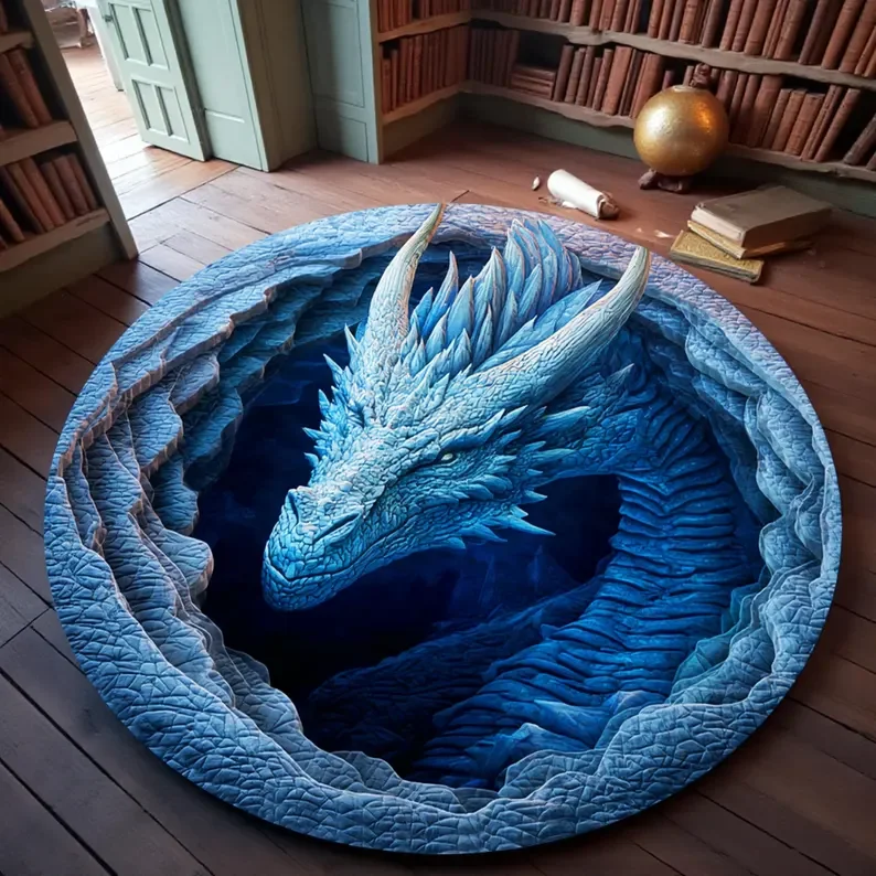 Fantasy Dragon 3D Printed Round Rug, Library Dragon Hole Illusion Floor Mat, Mystic Home Decor, Round Carpet Fashion Home Decor