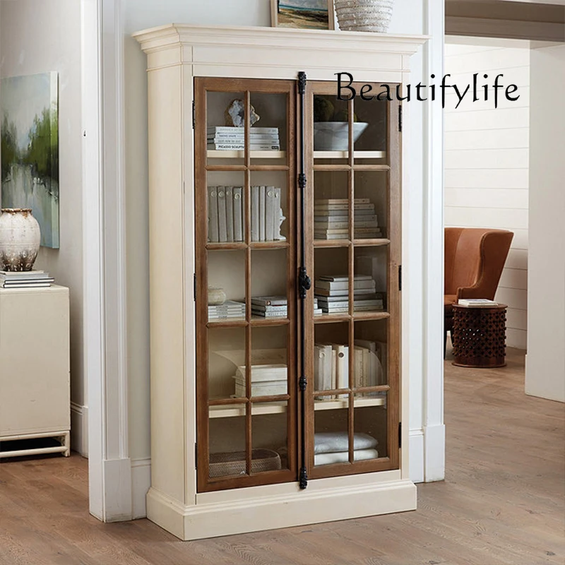 

Solid wood floor-to-ceiling bookcase, glass door, dust-proof locker, contrasting color, integrated bookcase against the wall
