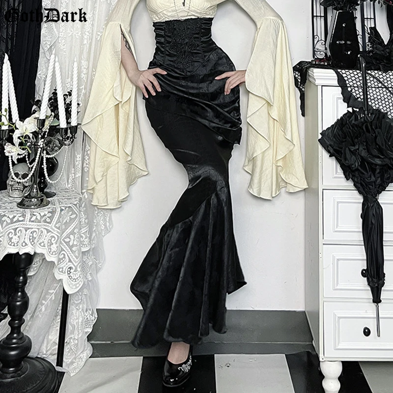 Goth Dark Asymmetrical Maxi Skirts Bottoms Mall Goth Party Halloween High Rise Mermaid Skirts for Women Cosplay Dresses Outfits
