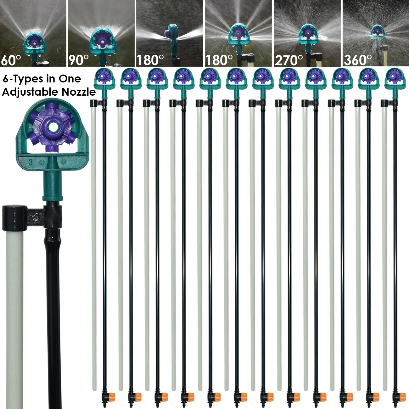 Garden Watering Irrigation Nozzles Adjustable Angle Sprinklers 60/90/180/270/360 Degree on 20CM 45CM 50CM Stakes Greenhouse