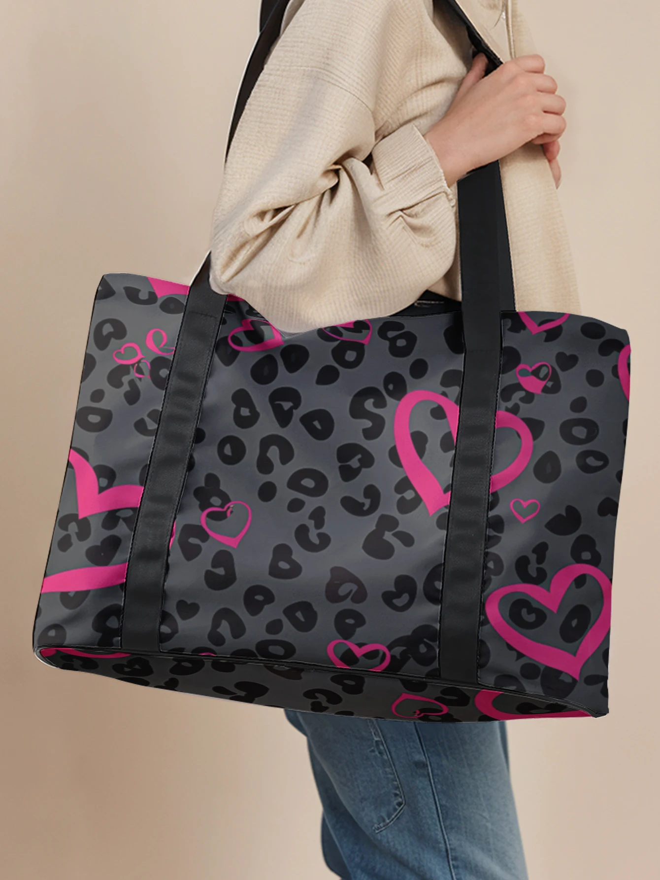 Leopard Pink Heart Print Large Tote Bag, Shoulder Handbag, Wide Straps Storage For Travel, Beach, Shopping, Gym & Daily Commute