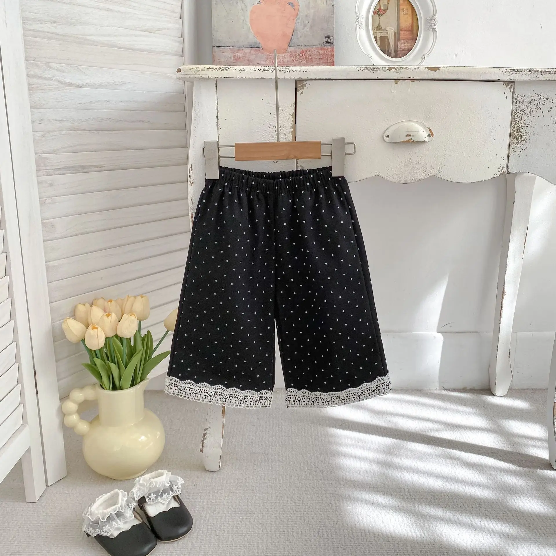 

2026 Spring New Girls Lace Wide Leg Pants Cotton Children Casual Pants Baby Girl Polka Dot Straight Pants Kids toddler Clothes