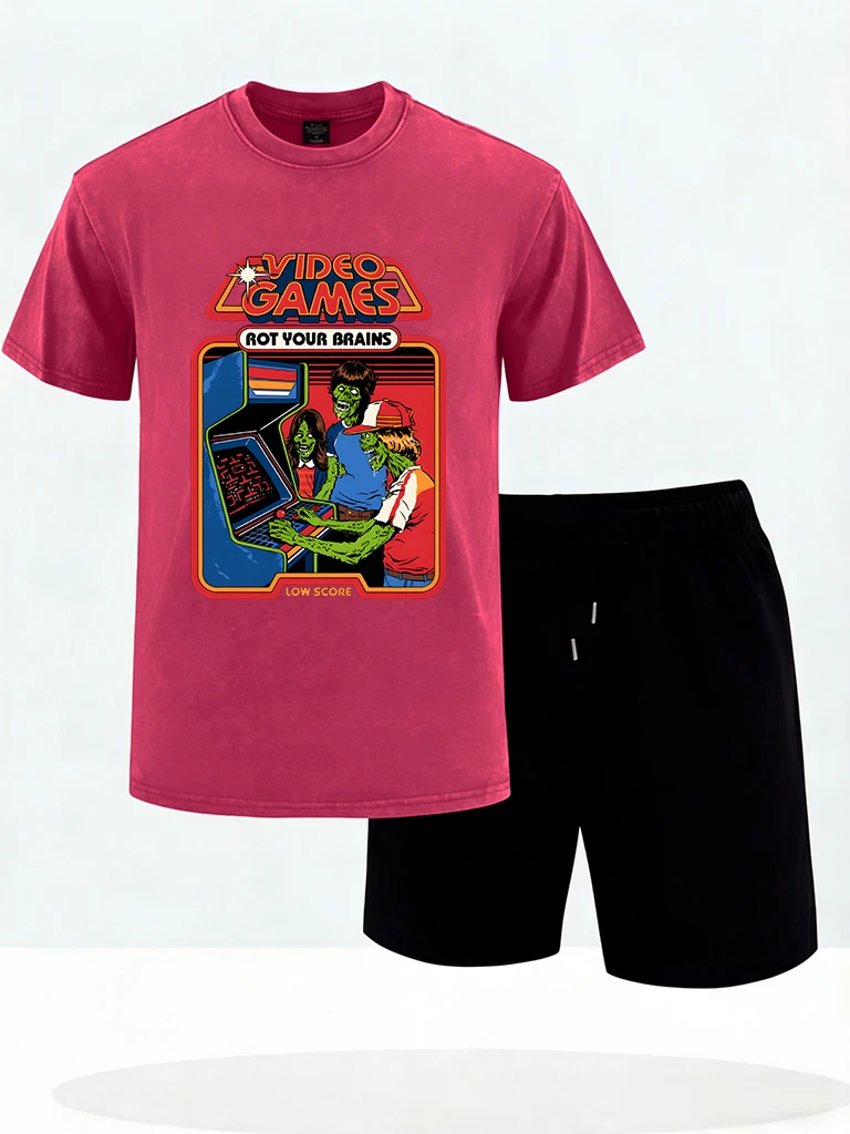 

Video Games Rot Your Brains Prints Washed T Shirt Men Sets Breathable Loose Shorts Set Hip Hop Summer Clothes Trendy Cotton Top