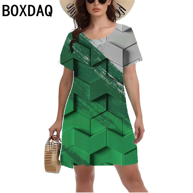 Fresh Avocado Green Patterned Printed Dress Women Summer Short Sleeve O-Neck Casual Dress Fashion Personality Beach Part Dresses