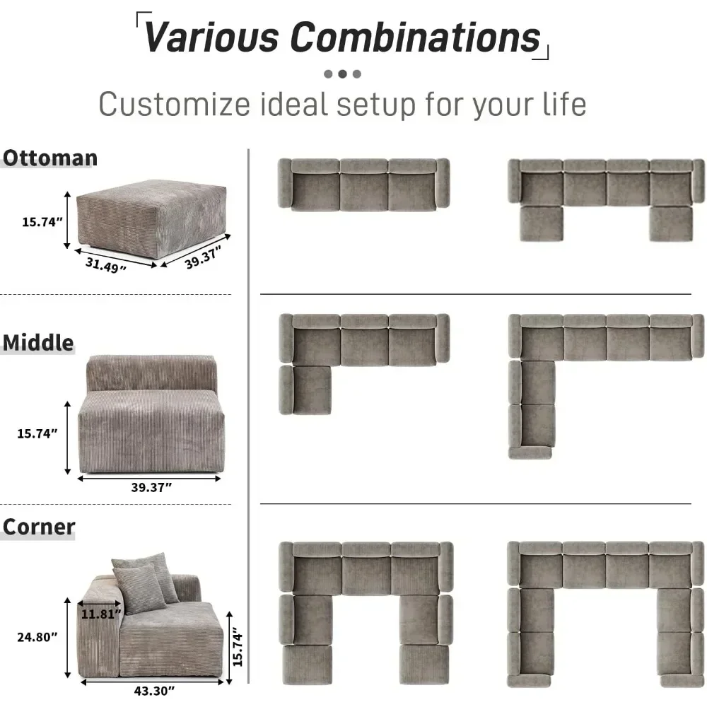 Sofá secional modular L, sofá LoveSofa grande de 102 polegadas, 1 otomano estofado com sofás de tecido de veludo com 4 almofadas