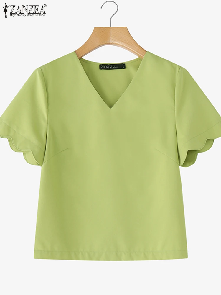 ZANZEA Zomer Vrouwen Elegante Blouse 2025, Mode Korte Bladerdeeg Mouwen Tuniek Tops Casual Losse Effen Kleur OL Blusas Femininas