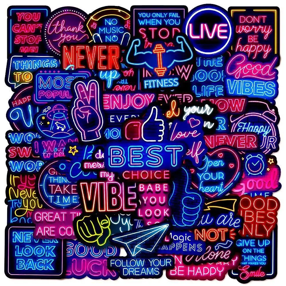 10/50Pcs Cool Inspirational Neon Light Stickers Aesthetic DIY Luggage Guitar Notebook Bathroom Graffiti Car Sticker Toy