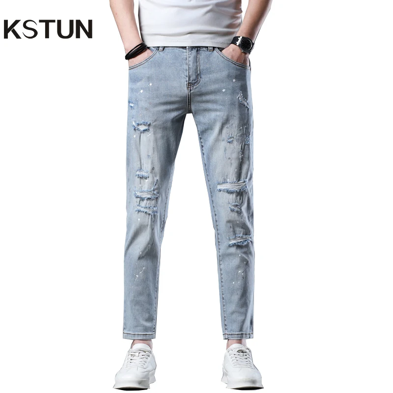 

Hip Hop Jeans For Men Ripped Jeans Distressed Ankle Pants Light Blue Stretch Painting Patchwork Men's Clothing Famous Brand