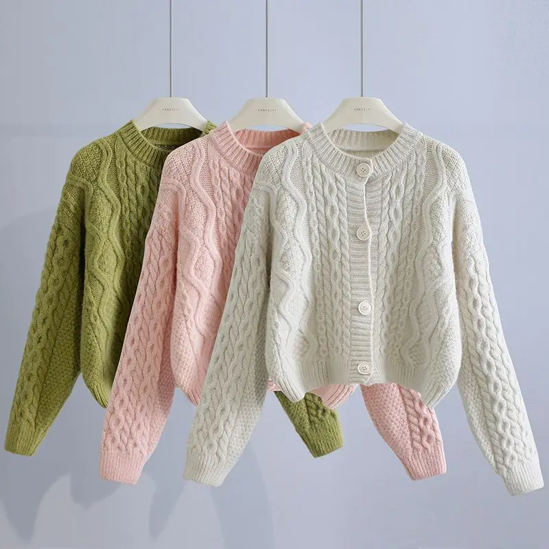 

2023 Women Spring Autumn New Short Twist Sweater Coats Female Loose Cardigan Jackets Ladies O-neck Knitted Overcoats T385