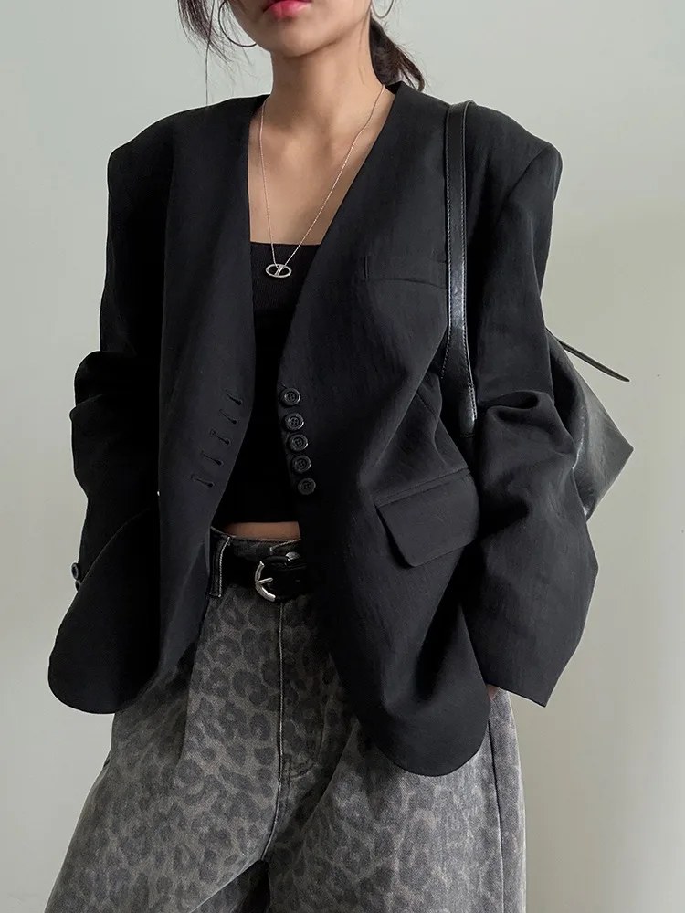 

Ele Autumn New Sle Single Button Loose Long Sve Women's Suit Jaet Versatile Faionable Commute Mixed Fabric