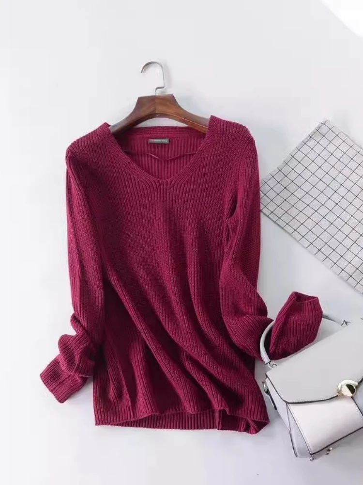 Thi Warmer Baumwoll-Strickpullover V-Ne Pullover Schlankheitsgroße Basisschicht Herbst Winter Faion Damenbekleidung