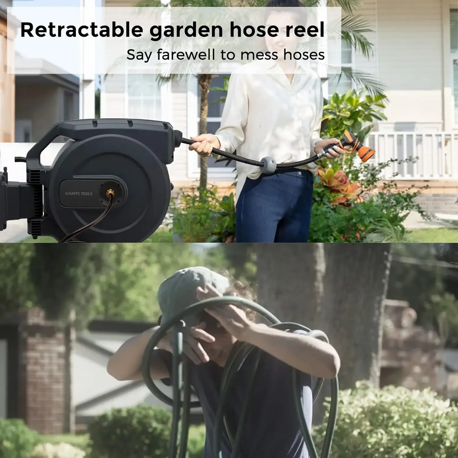 Giraffe Tools Retractable Garden Hose Reel, Heavy Duty Wall Mounted Water Hose Reel Automatic Rewind