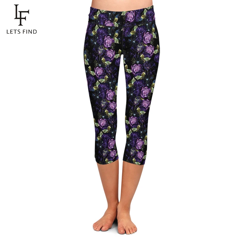 LETSFIND Summer Style Milk Silk Print Purple Rose Capri Leggings High Waist  Stretch Slim Mid-Calf Leggings