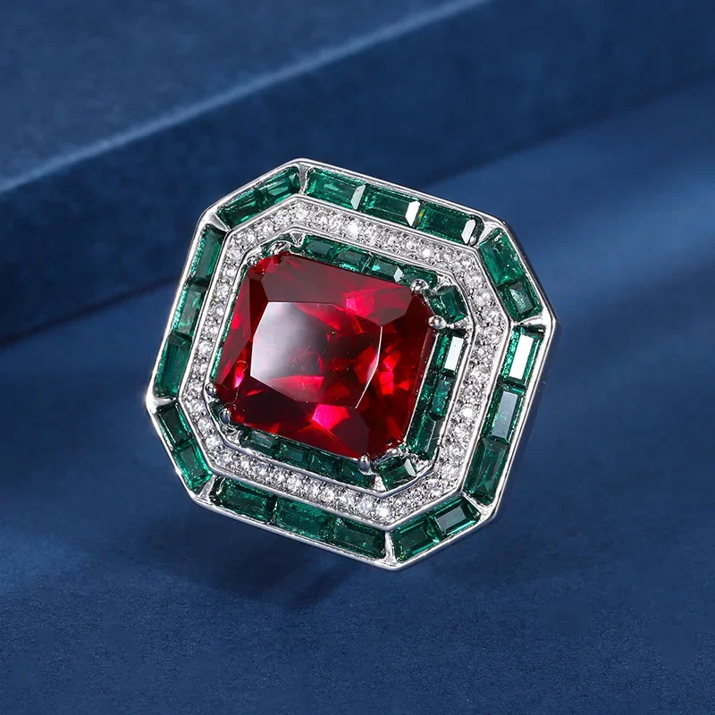 S'rTreasure Copper Bottom Gold Plated Fashion Simulation Emerald Red Corundum Luxury Set Square 12 * 14 Ring Head