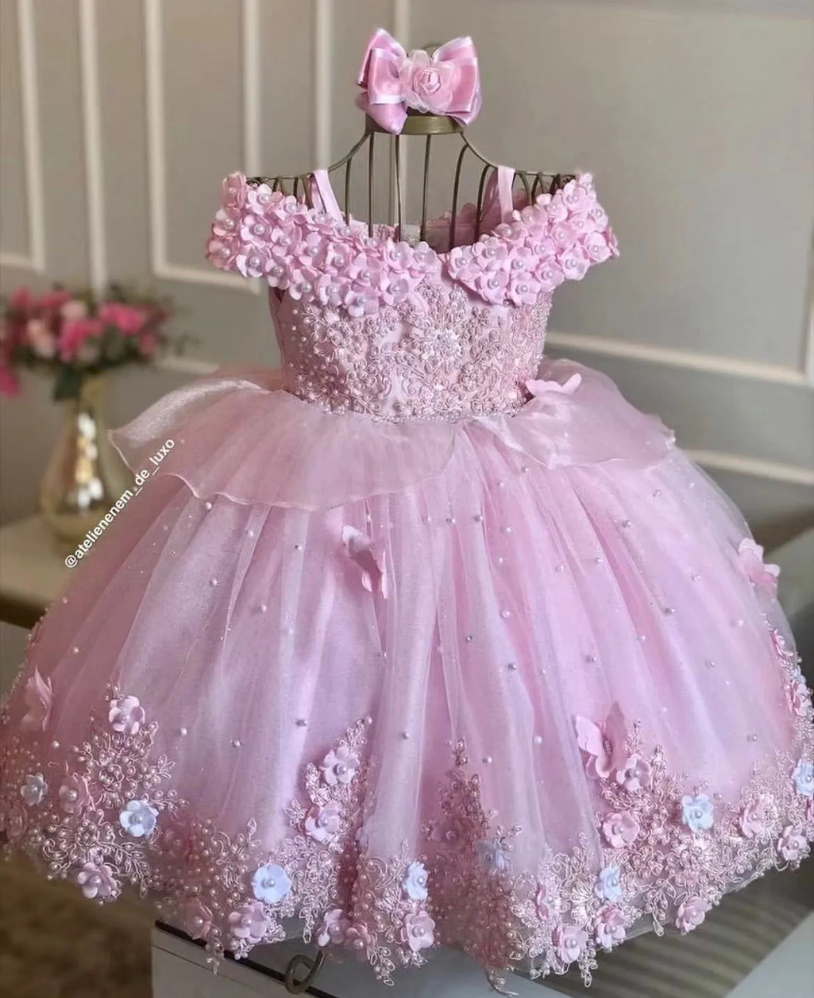 Vestido rosa claro de flores para niña, para boda, tul, apliques hinchados, perlas, fiesta de cumpleaños para niños, vestidos de baile de primera comunión