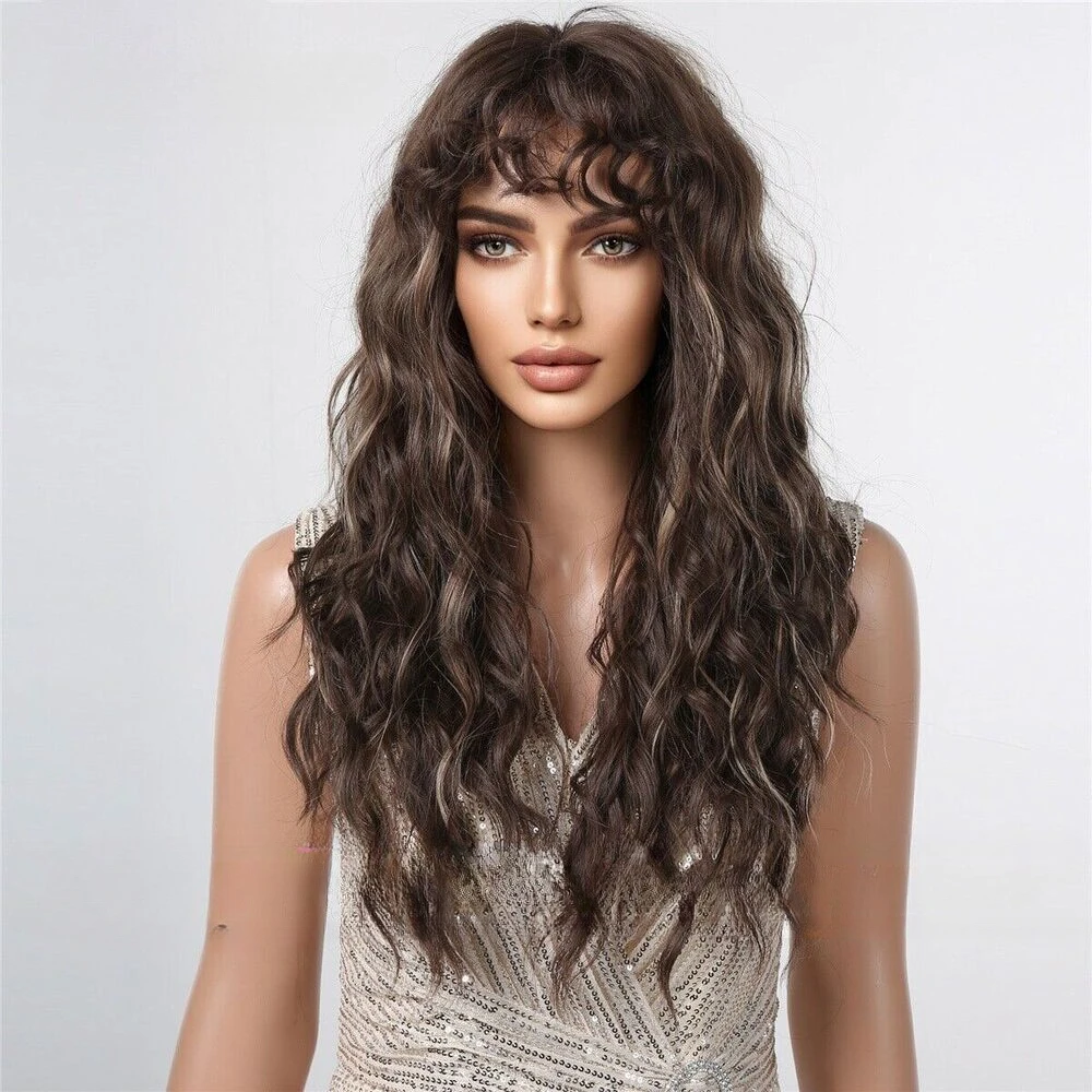 Women's wool curly long hair spot dyed brown fluffy simulation full set 24in Wigs