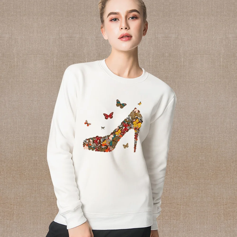 Women\'s O-Neck Tops Round Neck Pullover Spring Autumn White Long Sleeve Sweatshirt Casual Comfortable Butterfly Series Clothes