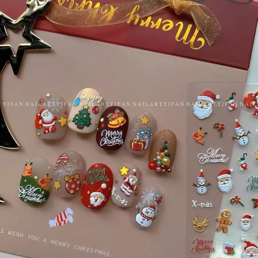 Christmas Nail Art Sticker Embossed Gingerbread Man Explosive Elk Gift Box Bow Nail Sticker Cartoon Nail Art Ornament