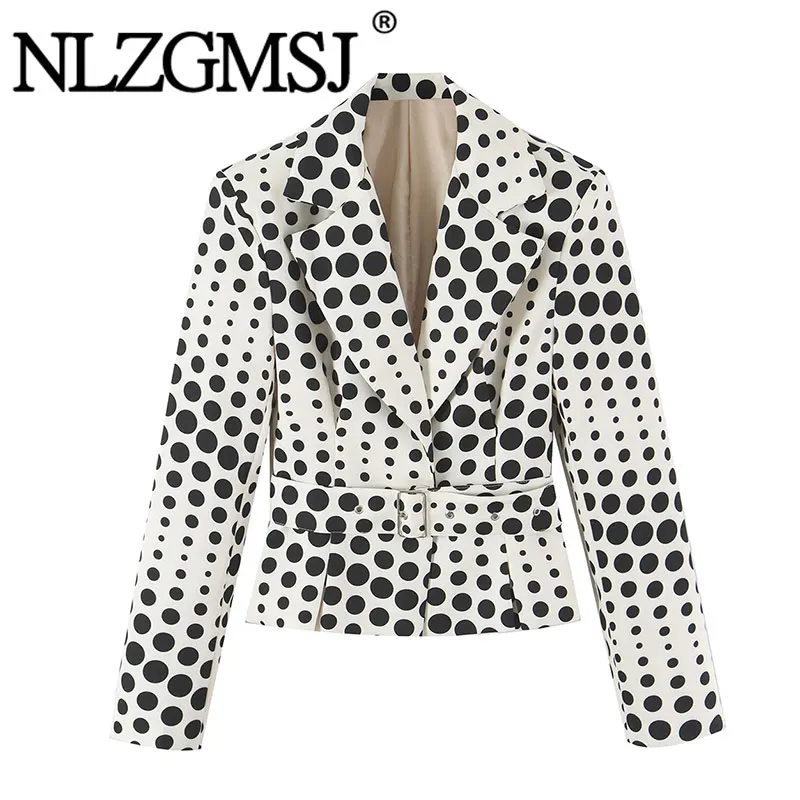 Nlzgmsj 2026 Autumn Women Polka Dot Blazer With Belt Notched Lapel Slim Fit Cropped Suit Jacket Office Lady Fashion Outerwear