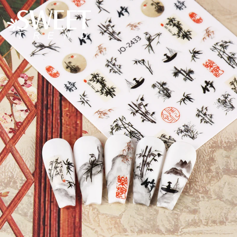 Chinese Characters Nail Stickers Flowers Bamboo Leaf Sliders Moutain Crane Birds Letters Decals Japanese Manicure Decorations