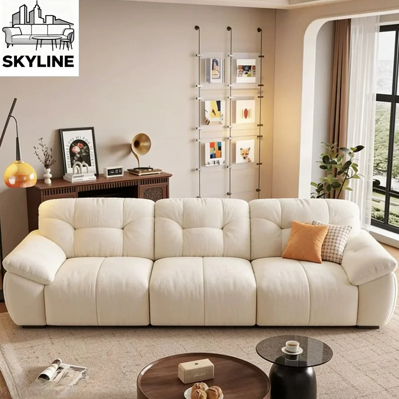 3-seater Straight Chenille Cloud Sofa, Cream Hug Bear Design Removable Fabric Seat for Household Living Space