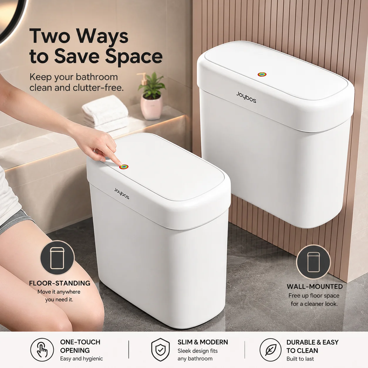 Joybos 3.0 Gallon Wall Mounted Trash Can with Press-Top Lid, Hanging or Floor Standing Slim Garbage Bin for Bathroom Kitchen Cabinet, Odor-Blocking Narrow Wastebasket