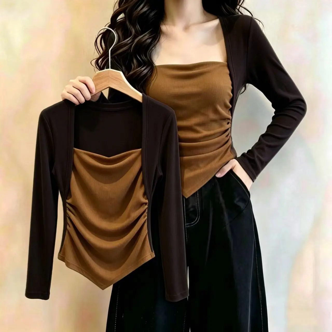 Femme Korean Fashion Patchwork Square Collar Long Sleeve Top Tee Autumn Winter All-match Fashionable Pleated Slim T-Shirts Women